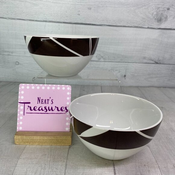 Home Target DUSK Brown Geometric Leaves White Stoneware Soup Cereal Bowls  Set 2 - Picture 1 of 16
